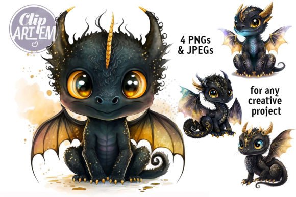 Download Cute Black Dragon Wall Art 4 JPEGs Set - Set Collection